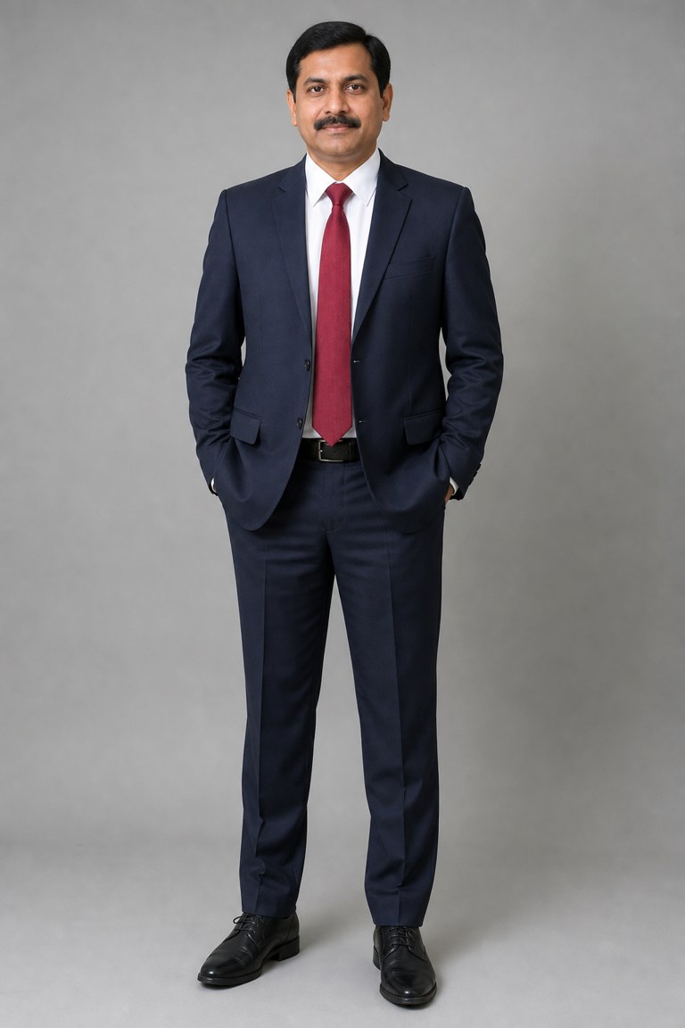 Input in the middle for Closed on Sunday AI example 3: a man with a moustache in a navy business suit and red tie (AI-generated sample person)